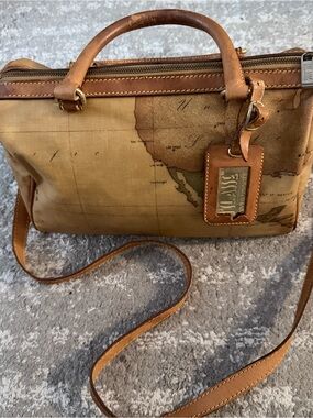 Alviero Martini Classic Brown and Tan Map-Print Leather Satchel